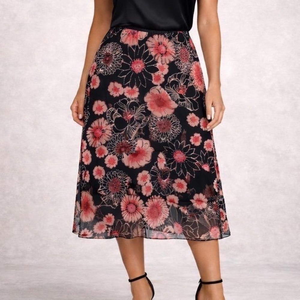 Vintage 90s Dark Floral Midi Skirt Size S Lined Sheer Romantic Whimsigoth Spring